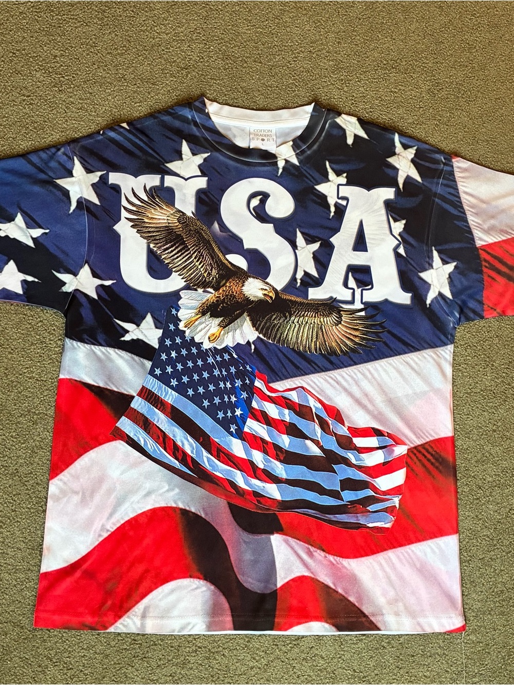 Cotton Trader Sport USA American Flag Eagle July 4th TShirt Top Size L Loose Fit